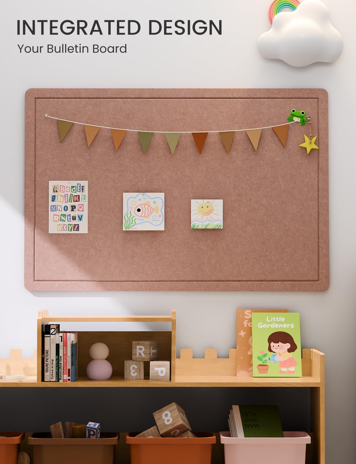 Fluxynara Bulletin Board,35.4" x 23.6" Cork Board Alternative with 12 Safe Removable Adhesive Tabs, Foldable Felt Pin Board for Home Office, Classroom, Bedroom,Entryway for Walls—Terracotta