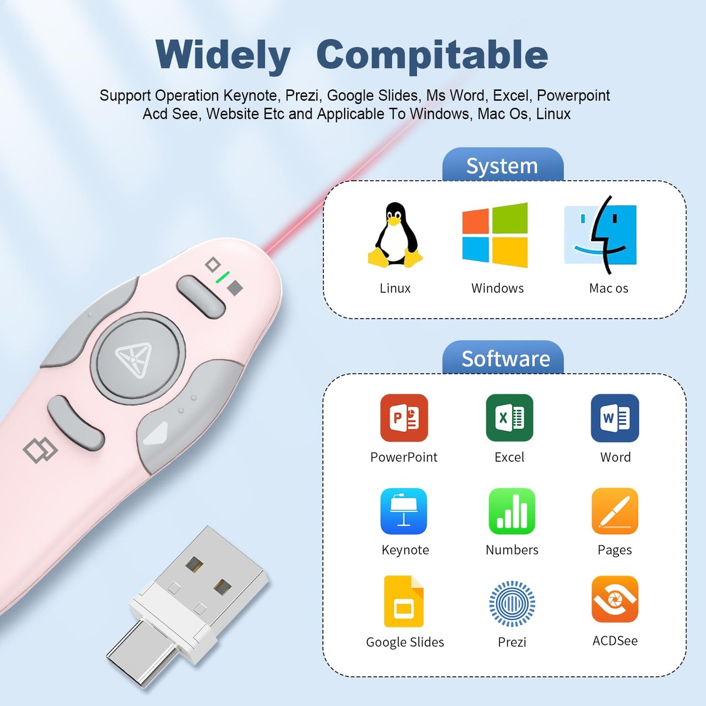 QUI 2 Pack Wireless Presenter PowerPoint Clicker, RF 2.4GHz USB Presentation Clicker for Google Slides, Keynote, Mac, Windows (USB Type-c, Pink)