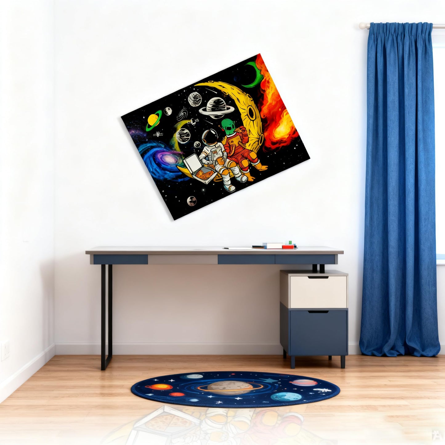 16x24 Space Astronaut Alien Pizza Party Canvas Wall Art Black Cosmic Prints Moon Planet Poster Home Framed Decor Kids Bedroom Fantasy Painting Teen Boy Room Funny Gift Picture Child Study Room Photo