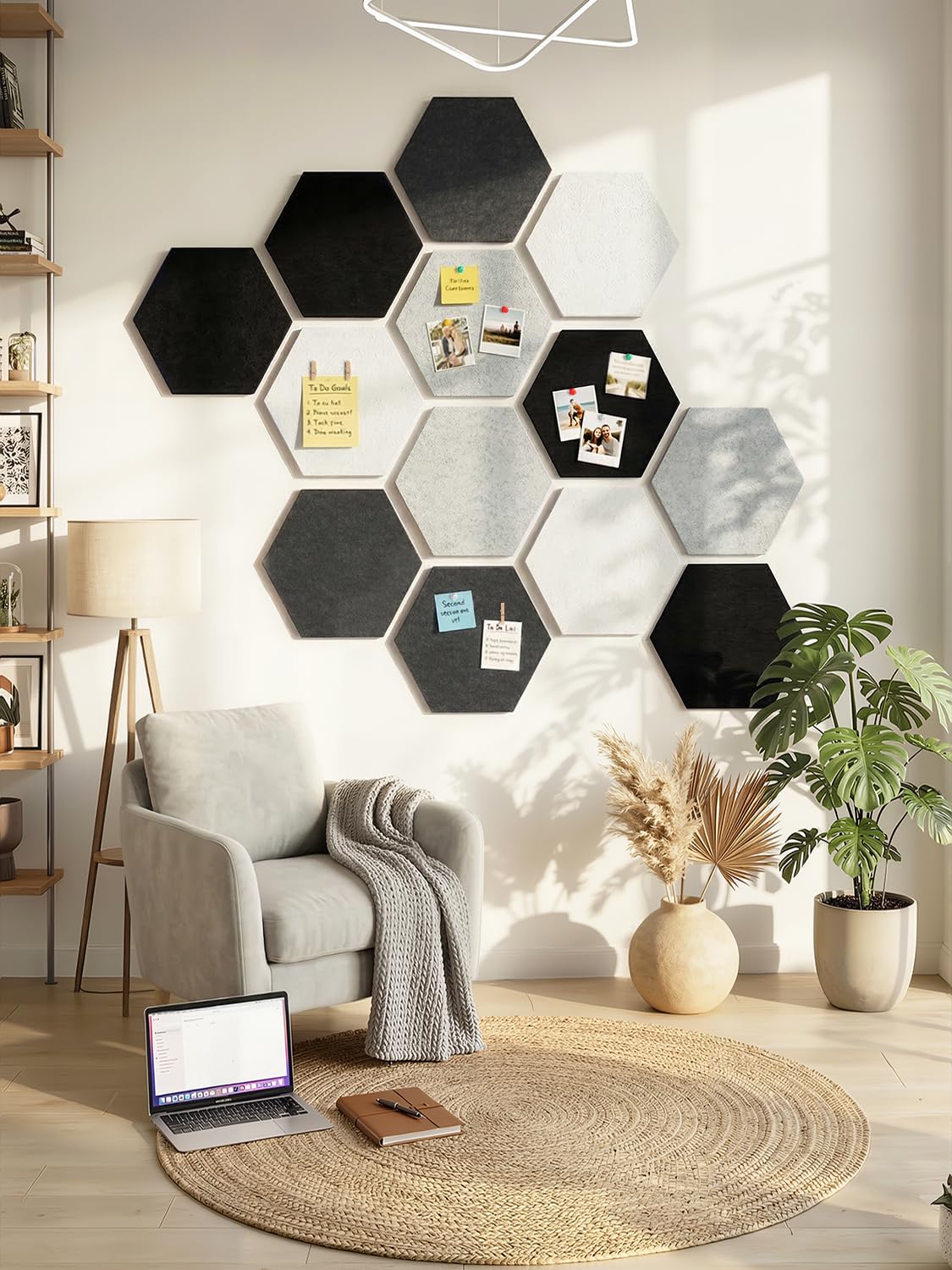 Uoisaiko 8 Pack Hexagon Felt Bulletin Board Tiles - 11.8" Large Thick Pin Board for Walls with 30 Push Pins, DIY Boards for Office Home School Decor, Aesthetic Hex Cork Board Alternative