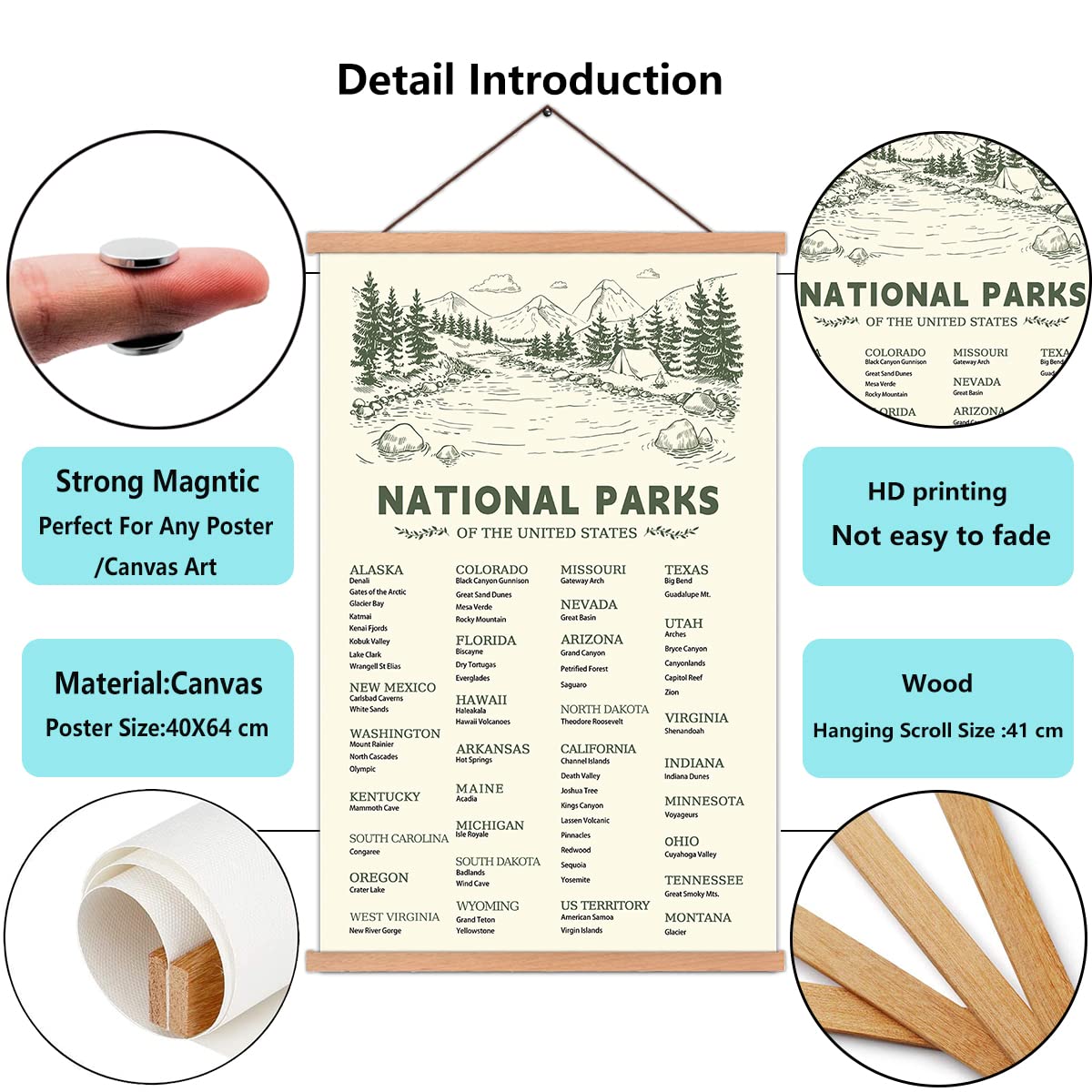 KAIRNE US National Park Checklist Poster,Park Posters for Travel Sign With Wooden Hanging Framed(40CMx75CM),Inspirational Rustic Decor,National Park Map Posters Gift for Hiker or National Park Lover