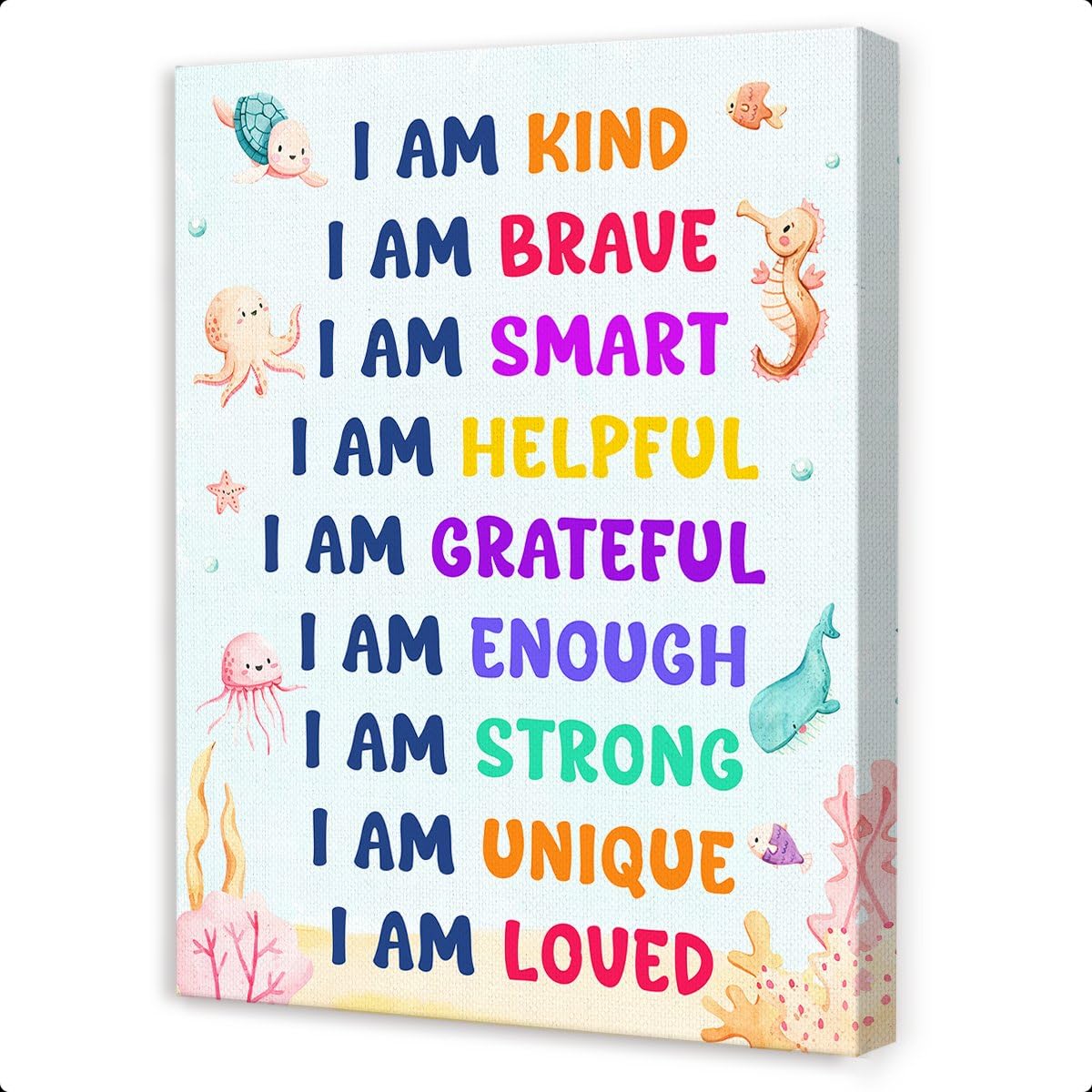 OTINGQD Positive Affirmations Wall Decor for Kids,I Am Kind Smart Canvas Wall Art,Nursery Marine Animal Wall Art,Inspirational Wall Decor for Kids Room Classroom Nursery