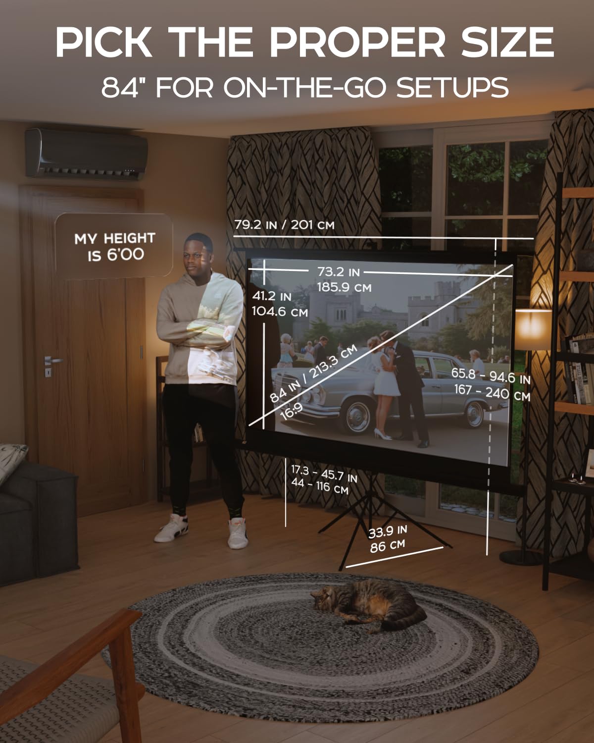 PropVue Projector Screen with Stand 84" - Indoor & Outdoor Projection Screen for Movie or Office Presentation - 16:9 HD Premium Wrinkle-Free Tripod Screen for Projector with Carry Bag & Tight Strap