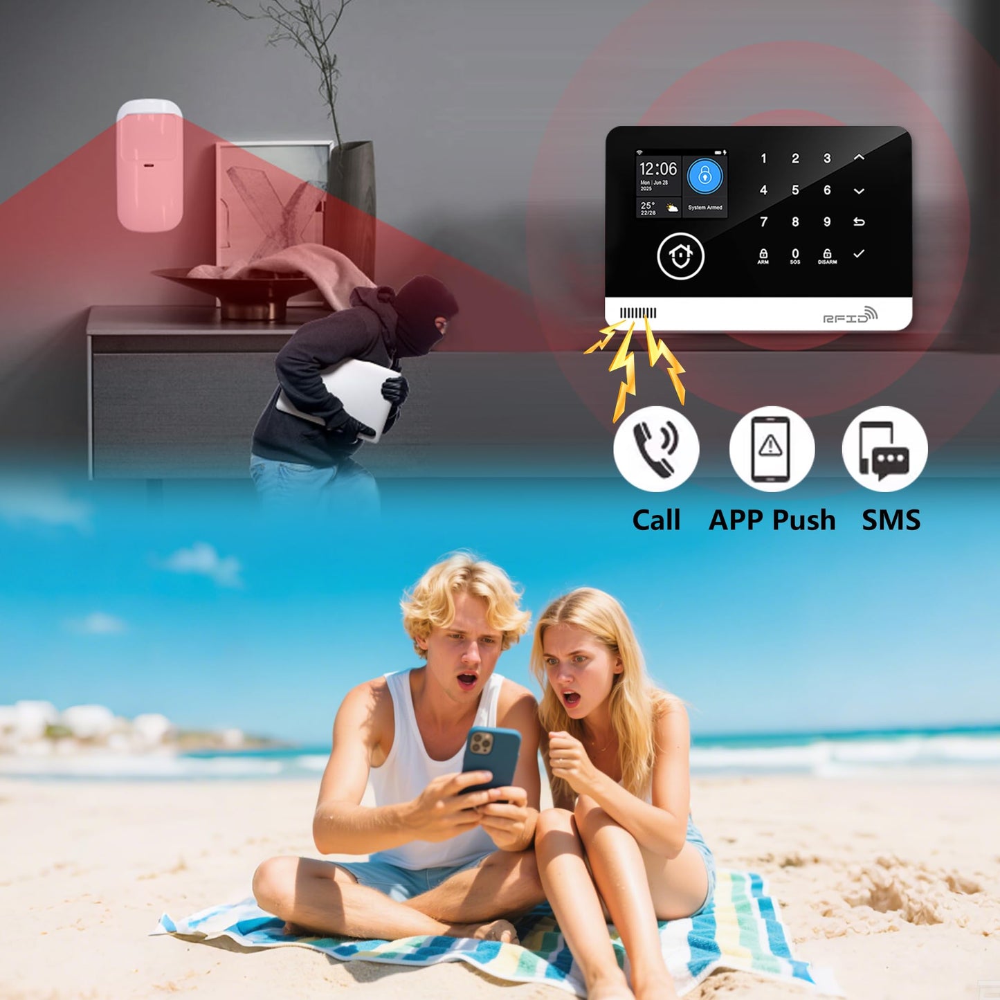 Home Security System, 4G/WiFi GSM SMS Wireless Home Alarm System with Motion Detector, 120dB Alarm Siren, Smart Remote Control, LCD Display, Compatible with Alexa and Google(12 Pieces)