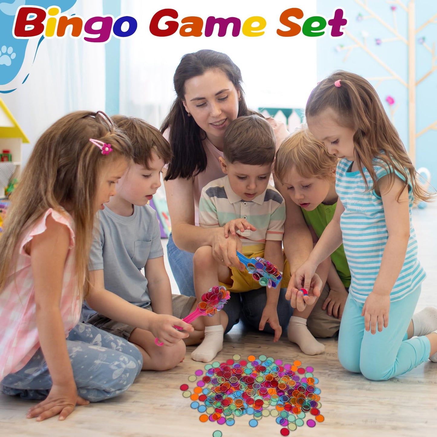 Coopay Magnetic Bingo Wand Chip and Game Card Set - 2 Pack Magnetic Wands, 200 Colorful Metal Chips, 48 Bingo Paper Cards for Kids Classroom Science Learning Counting Family Game Night Educational