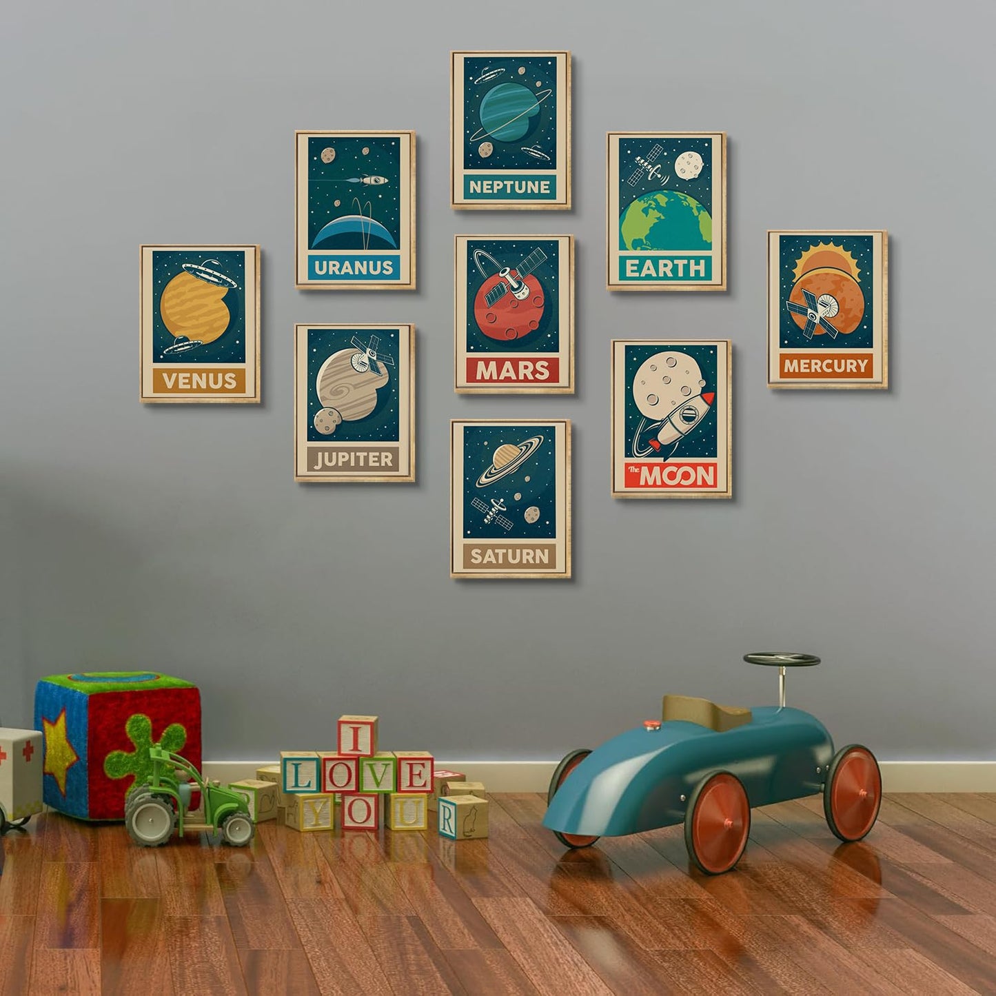 9pcs Retro Solar System Wall Art Nursery Space Pictures Retrospace Galaxy Wall Decor Outer Space Paintings Prints Sci-Fi Planet Posters for Boys Girls Kids Bedroom Living 12x16in Unframed