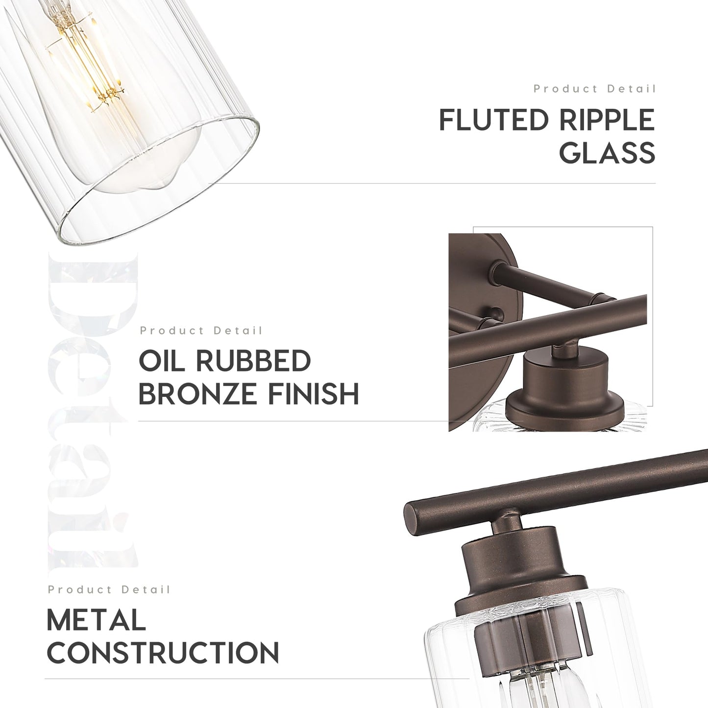 Emliviar 3-Light Vanity Light Fixture, Oil Rubbed Bronze, Fluted Ripple Glass, 23.5 Inch, Model YE295B-3W ORB