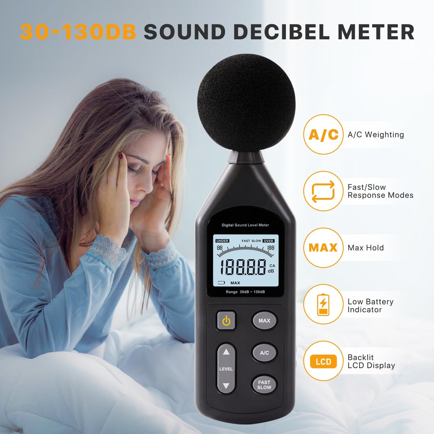 Digvliy DB-01 Decibel Meter, Professional Sound Decibel Meter with A/C Weighting, Fast/Slow Response, 30-130dB Range,for Home, Office, Factory, Noisy Neighbors