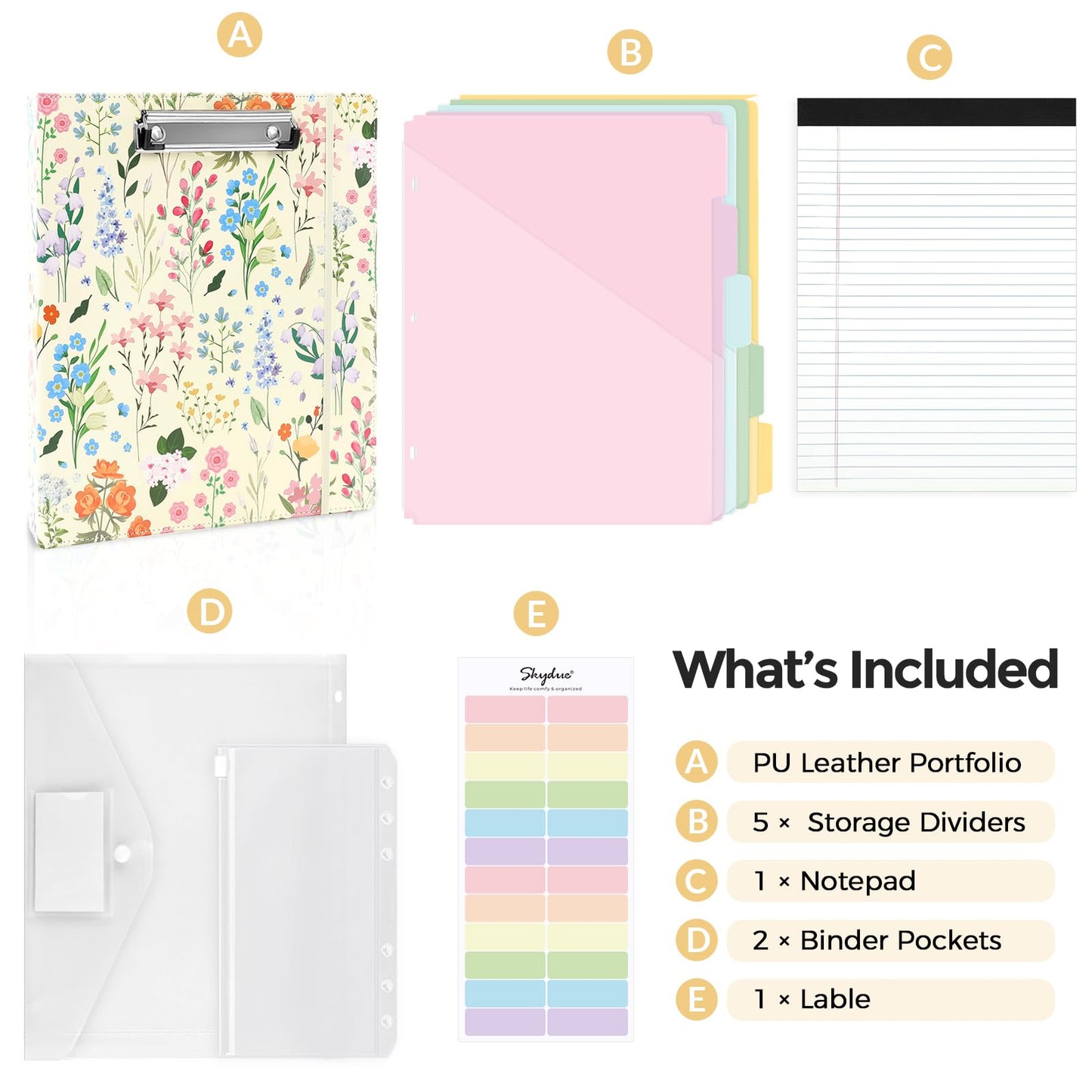 SKYDUE 1 Inch 3-Ring Binder with Clipboard, PU Aesthetic Binder with 5 Dividers, Notepad, Stickers & Pockets for Work and School (Letter Size)