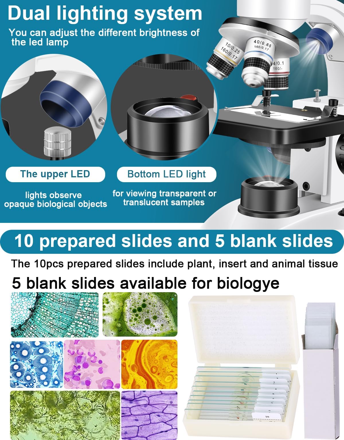Woehrsh Microscope for Adults WF10x and WF25x eyepieces, 40X-2000X Magnification USB Camera, Microscope for Adults Suitable for Laboratory School Home Education（White Microscope）