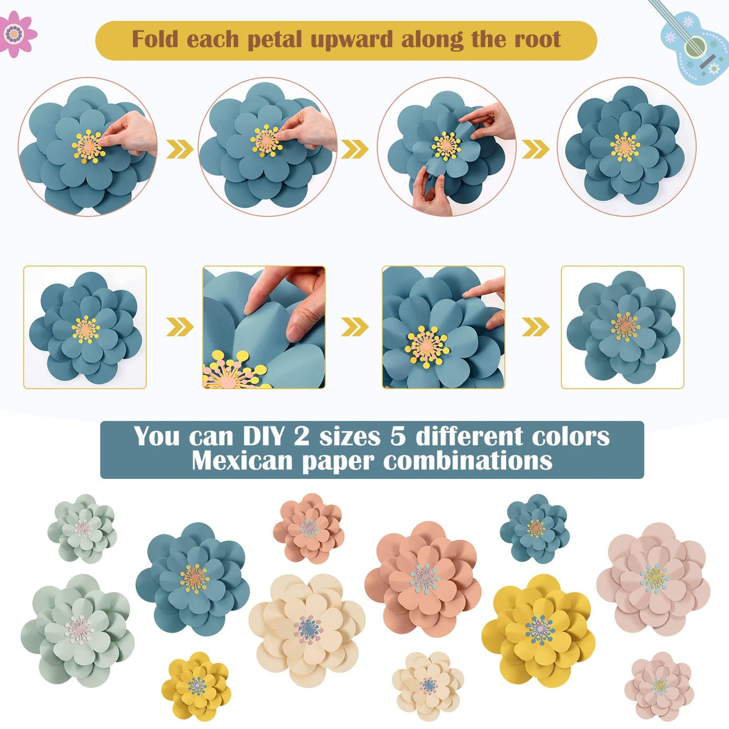 Mooliwe Paper Flowers Decorations for Wall DIY 3D Paper Bulletin Board Mexican Flowers Backdrop Decoration for Classroom Back to School Holiday Party(Morandi,12 Set)