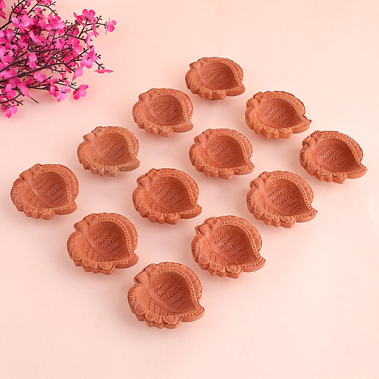 Craftsman 12 Pc Clay Diya Set, Handmade Terracotta Oil Lamps, Design 2, Brown, Model DIYA113 for Diwali Festive Decor