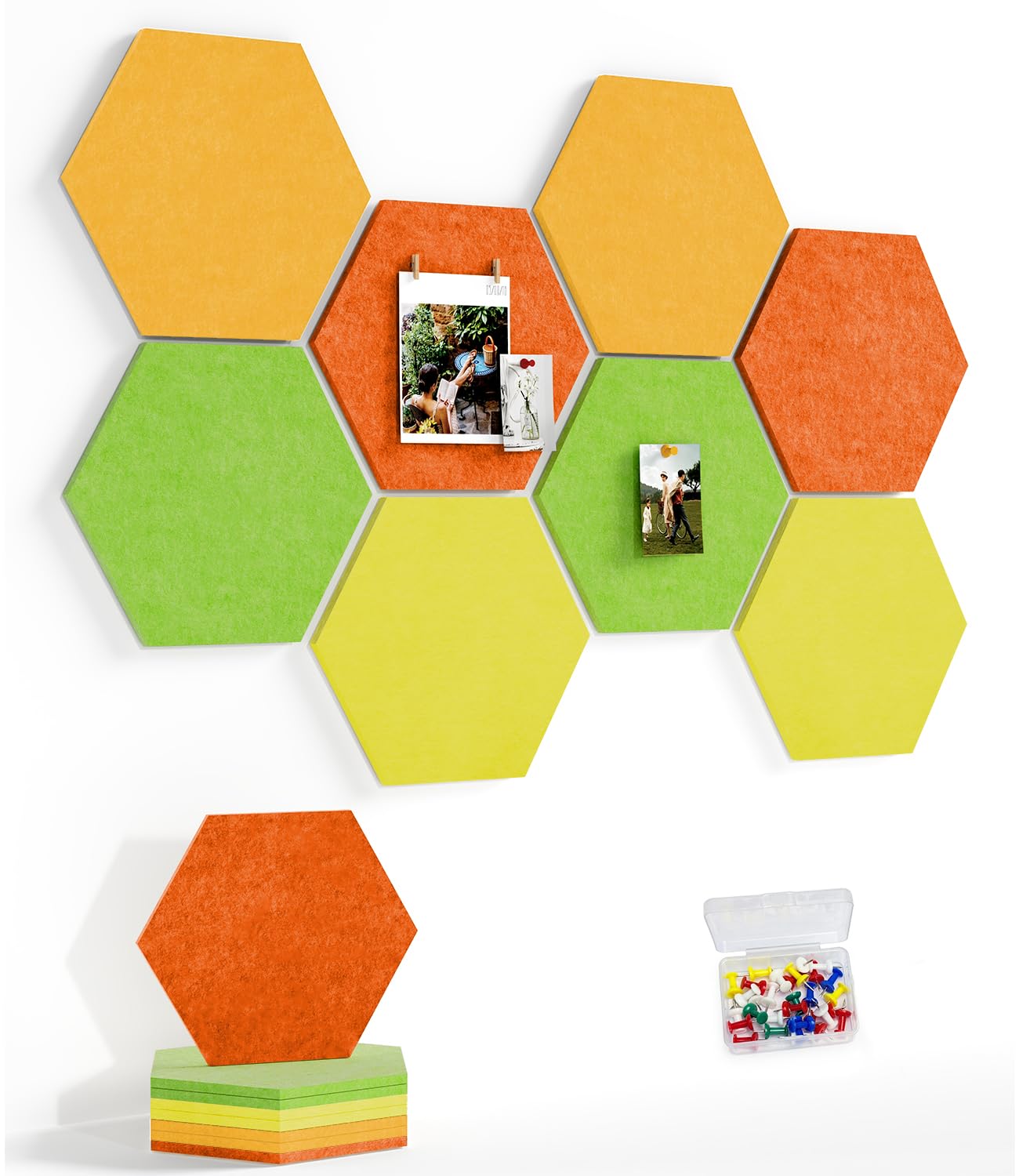Uoisaiko 8 Pack Hexagon Felt Bulletin Board Tiles - 12" Large Thick Pin Board for Walls with 30 Push Pins, DIY Boards for Office Home School Decor, Aesthetic Hex Cork Board Alternative