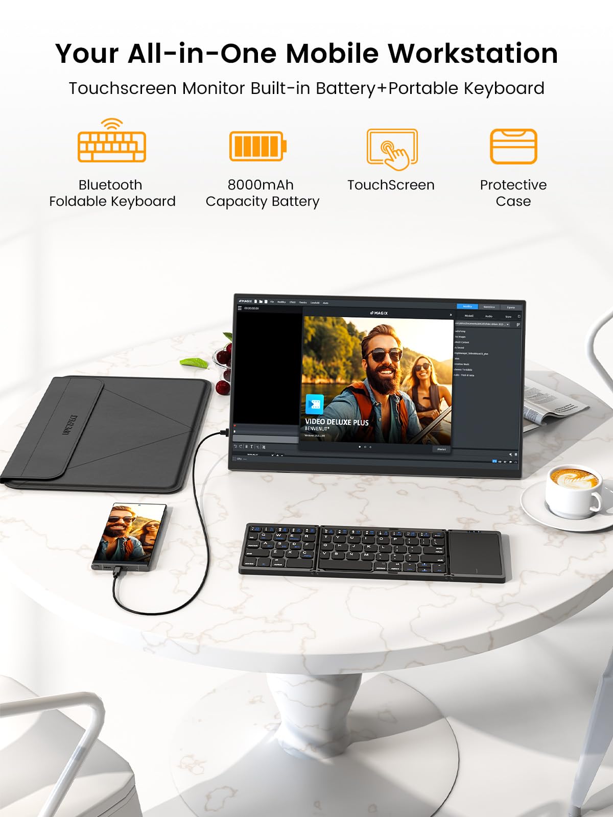 UPERFECT Portable Monitor Touchscreen 15.6'', Laptop Monitor with Bluetooth Keyboard, Built-in 8000mAh Battery | Adjustable Stand | Speakers, Ultra-Slim External Screen for Phone, Game Console