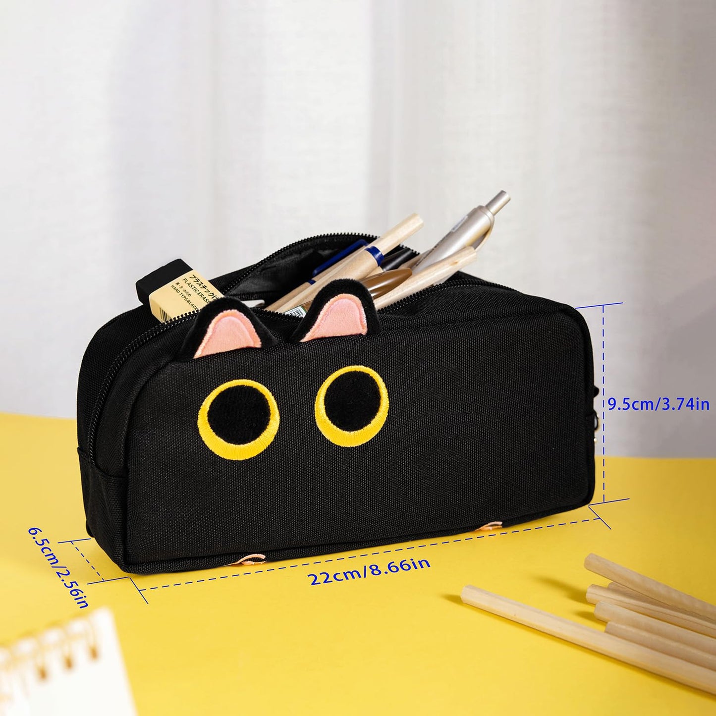 Lanxivi Hongdian Large Capacity Pencil Case Black Color, 3D Cat Pen Bags Pencil Pouch Organizer for Office College School