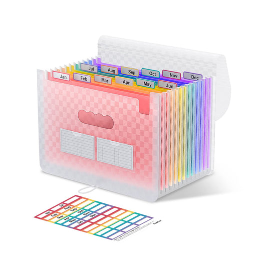 ThinkTex Accordion File Organizer, 12 - Pocket Expanding File Folders for Paper Receipts, Bills & Taxes Organizer, Letter/A4 Size Document Holder for School, Office, Home with Colorful tabs- Pink