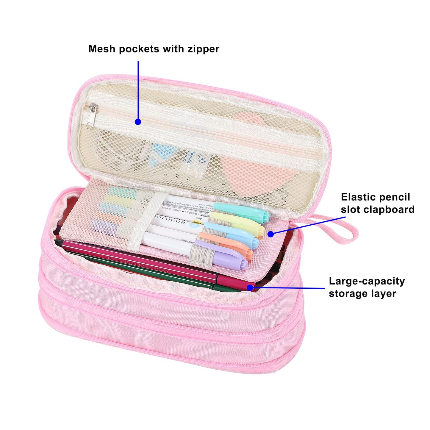 Tergopa Big Pencil Case Zipper Pencil Pouch Organizer Large Capacity Pen Bag with Handle Portable for Girls Kids Adults Gift Pen Case for School Home Office Light-pink