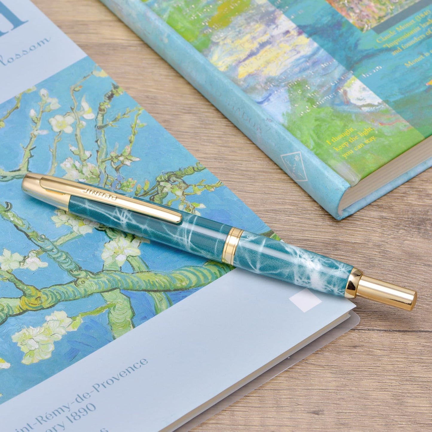 Jinhao 10 Press Fountain Pen with Box, Marble Blue Retractable Extra Fine Nib with Ink Converter Set (Golden Clip)