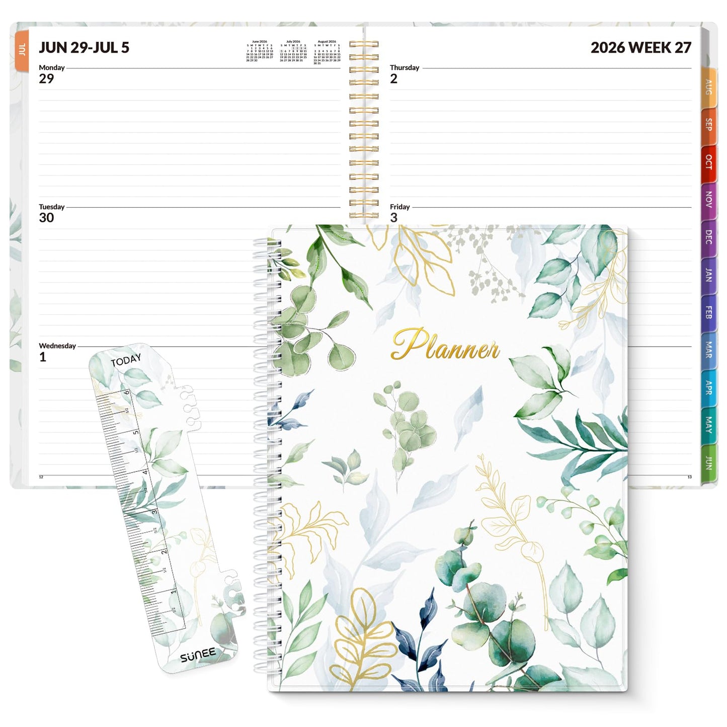 SUNEE Academic Planner 2026-2027 – Weekly & Monthly Planner, July 2026 to June 2027, 8.5"x11", Thick Paper, Tabs, Pockets, Bookmark, Spiral-Bound, Student Teacher Organizer, Greenery