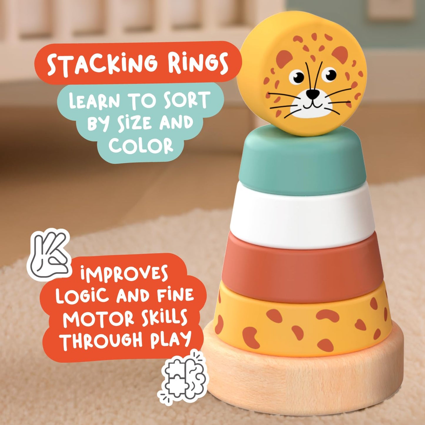 Nene Toys Montessori Toys for 1 Year Old – 4-in-1 Wooden Sensory Toy Set with Stacking Rings, Rainmaker, Giraffe Bead Maze & Activity Blocks – Educational Gift for Toddlers, Boys & Girls Age 1+