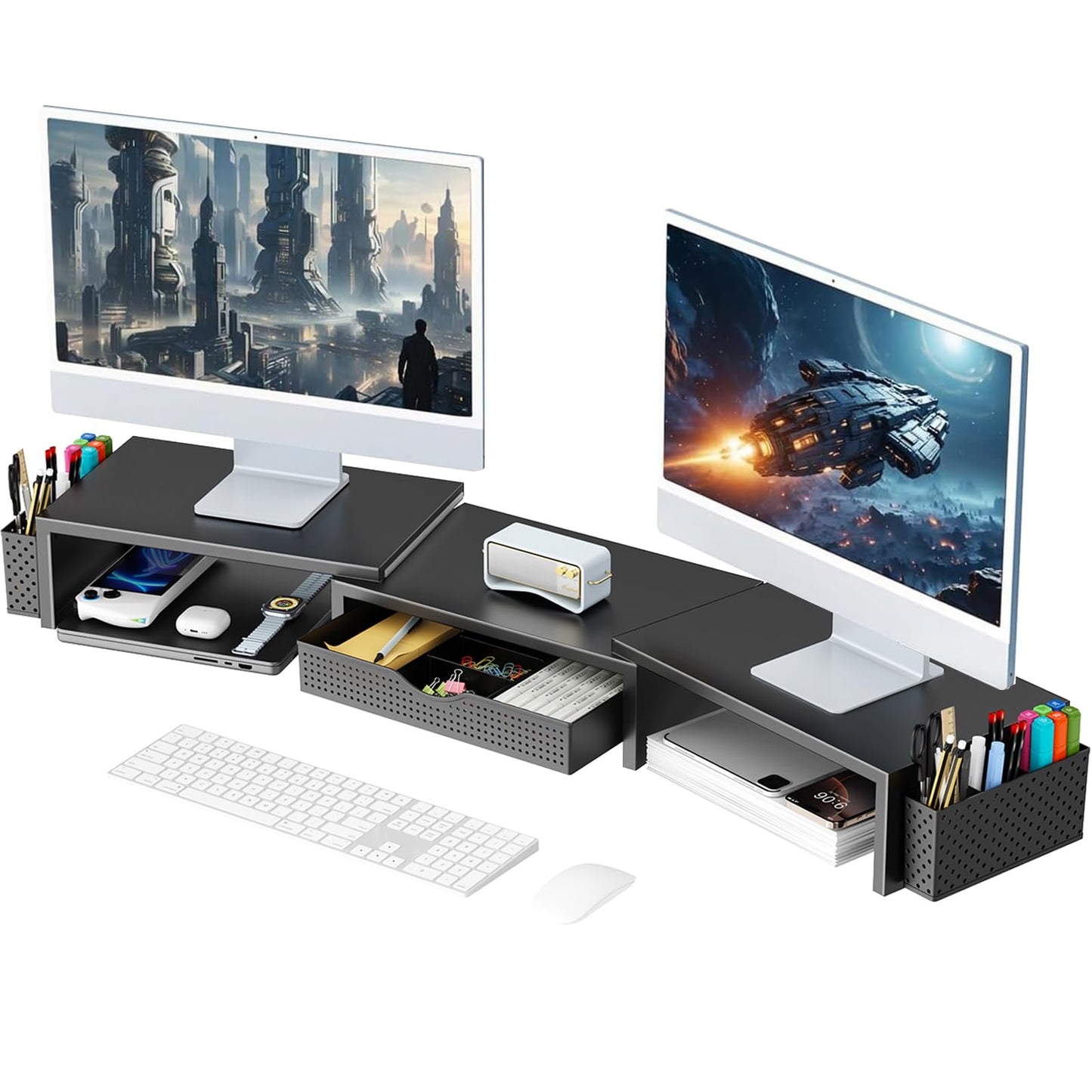 gianotter Dual Monitor Stand Riser, Desk Organizer With Drawer and 2 Pen Holders, Computer Monitor Stand, Desk Shelf for Top of Desk (Black)