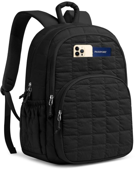 LIVUWERK Laptop Backpack for Women College Bookbag: 15.6 Inch School Backpacks for Teen Girls Quilted Back Pack for Students Womens Casual Work Computer Bag Water Resistant Travel Backpack (Black)