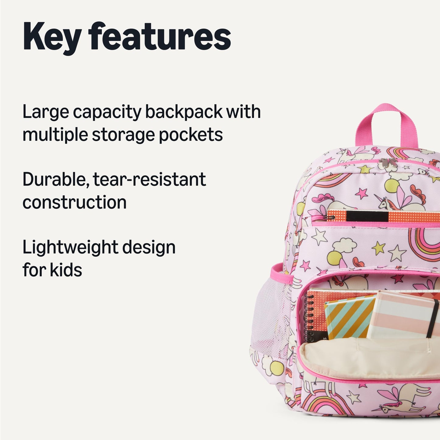Amazon Essentials Kids School Backpack with Multiple Storage Pockets, Durable Tear-Resistant Daypack for Books and Supplies, Pink