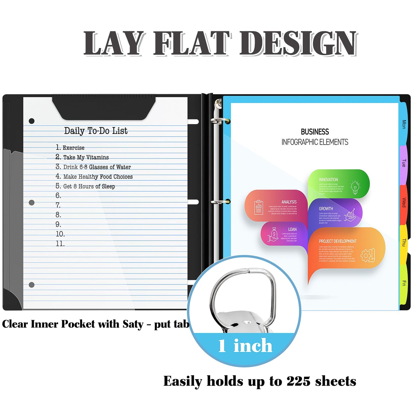 INFUN 1 Inch 3-Ring Telescoping Project Organizer Binder,13 Pocket, Customizable Front Cover, 5 Colors Pocket Divider and Plastic Binder Pocket，225 Sheet Capacity-Black