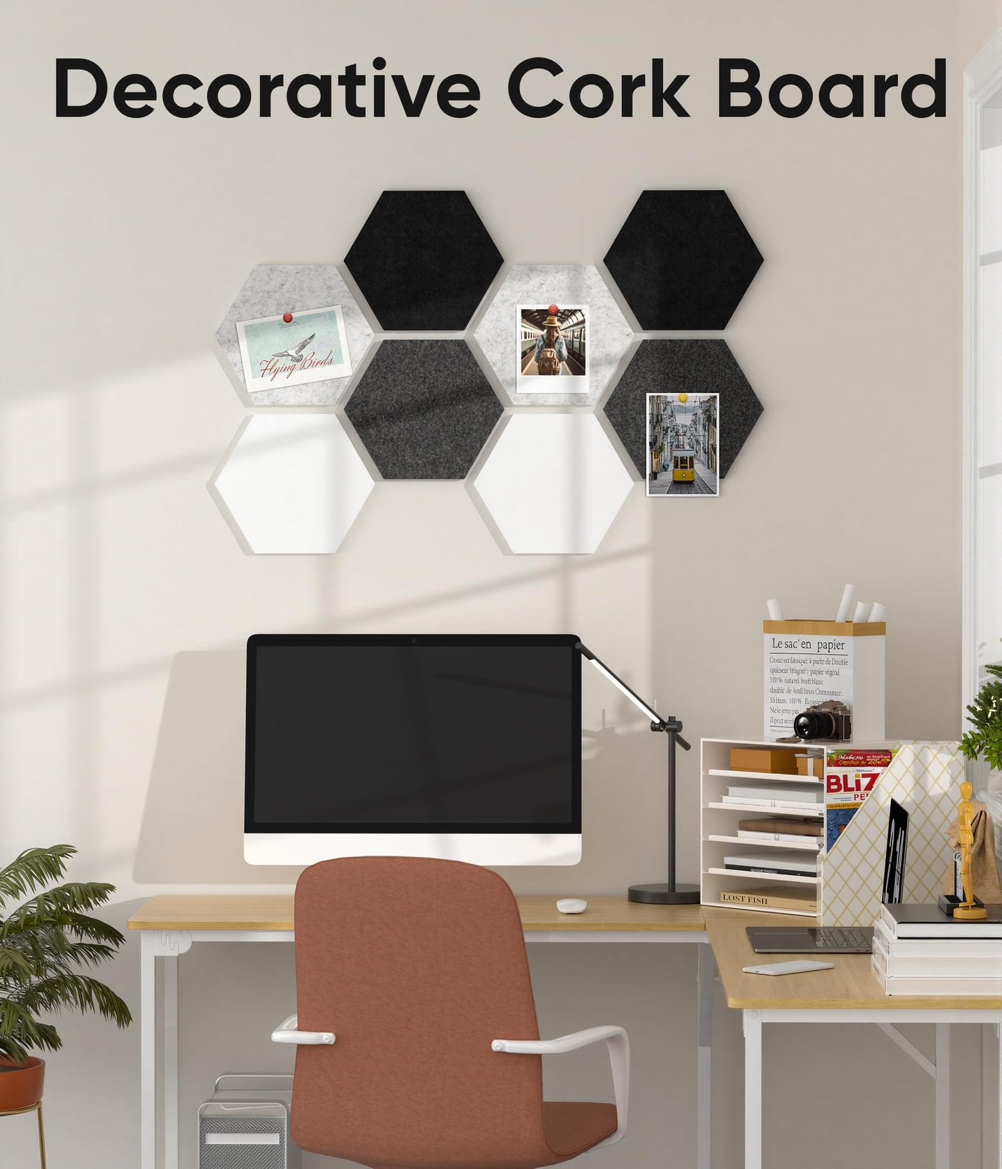 Toptople 12 Inch Large Hexagon Cork Board for Walls, 8 Pack Felt Bulletin Board Tiles, Pin Board with Push Pins for Office Photo and Note, Gradual Gray