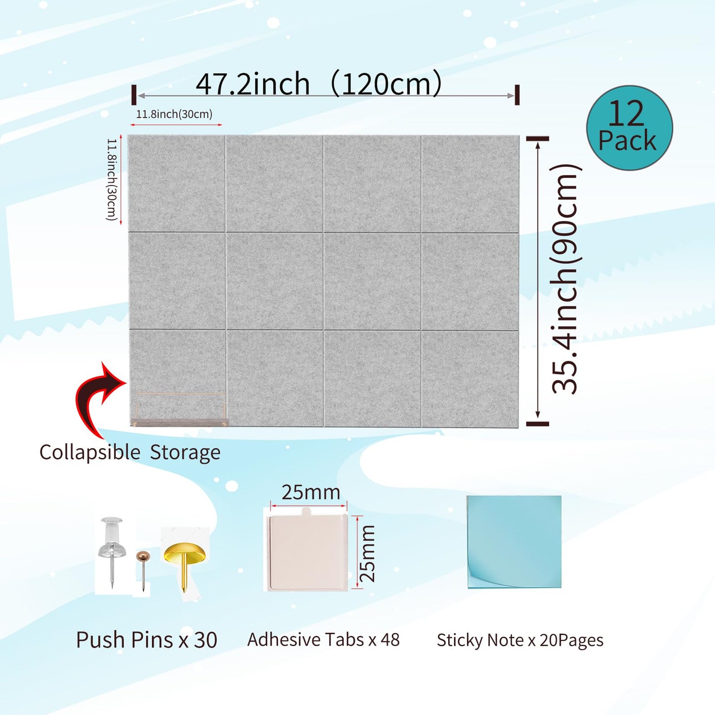 12 Pack Bulletin Boards 48" x 36" Alternative Cork Board for Office,Built-in Storage Device，Large Cork Boards for Walls ， Felt Wall Tiles, Contains Removable Security Stickers and PushPins (F-Gray)