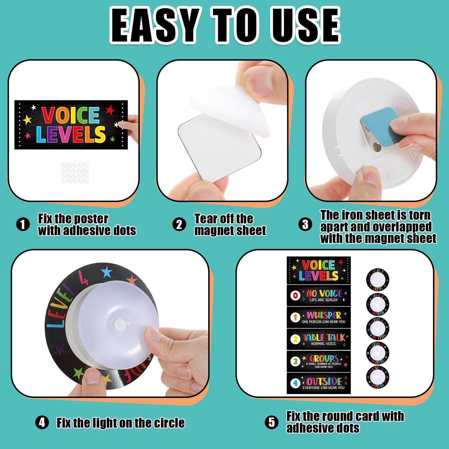 5 Pcs School Push Light and Voice Level Poster Voice Level Chart Monitor Rules Sign LED Tap Light Classroom Rules Poster Noise Chart Classroom Management Tools for Teachers（Colorful chalkboard Style）