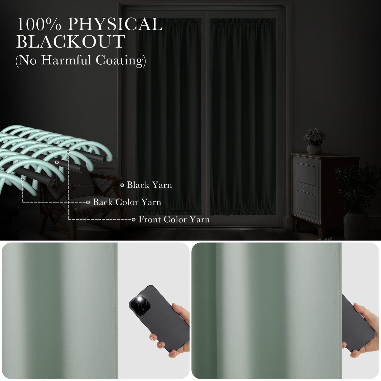 PONY DANCE Sage Green Back Door Curtains for Door Window, 100% Blackout Dual Rod Pocket Privacy French Curtain for Kitchen, Thermal Insulated Small Window Drapes for Classroom, W25 x L40, 1 Panel