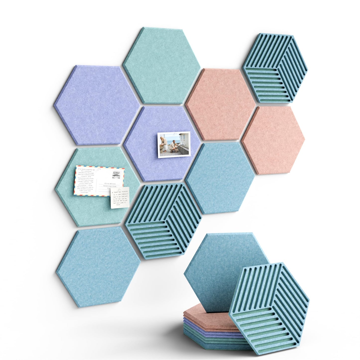 Fluxynara Hexagon Cork Board Alternative for Walls Decor-10-Pack Felt Bulletin Board Tiles,with 30 Pushpins,50 Adhesive Tabs for Office,Classrooms & Home Pin Board Felt Board-Coastal Haze