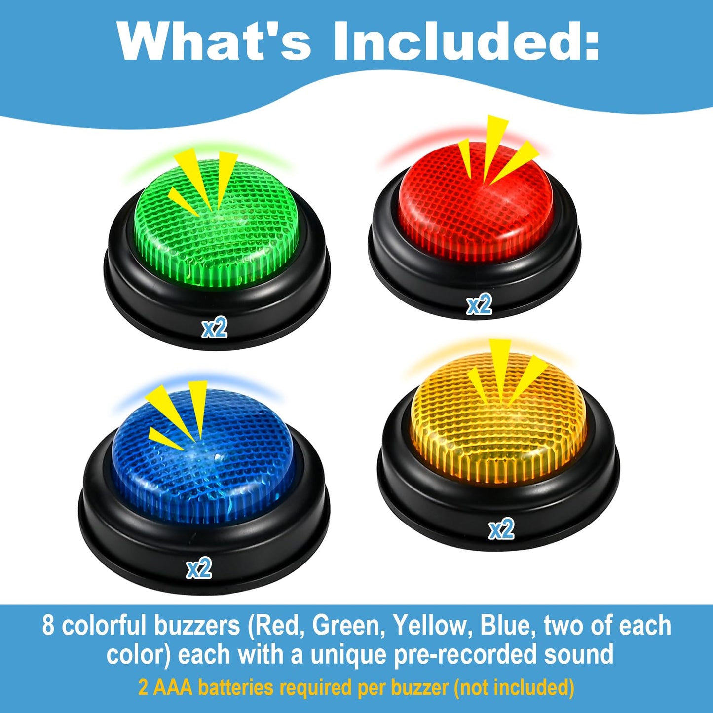 Faburo 8pcs Buzzers for Trivia Games, Game Show Buzzers Buttons with 4 Lights Color and 4 Sounds, Answer Buzzer for Jeopardy Buzzer, Family Feud Game, Classroom Must Have, Games Night