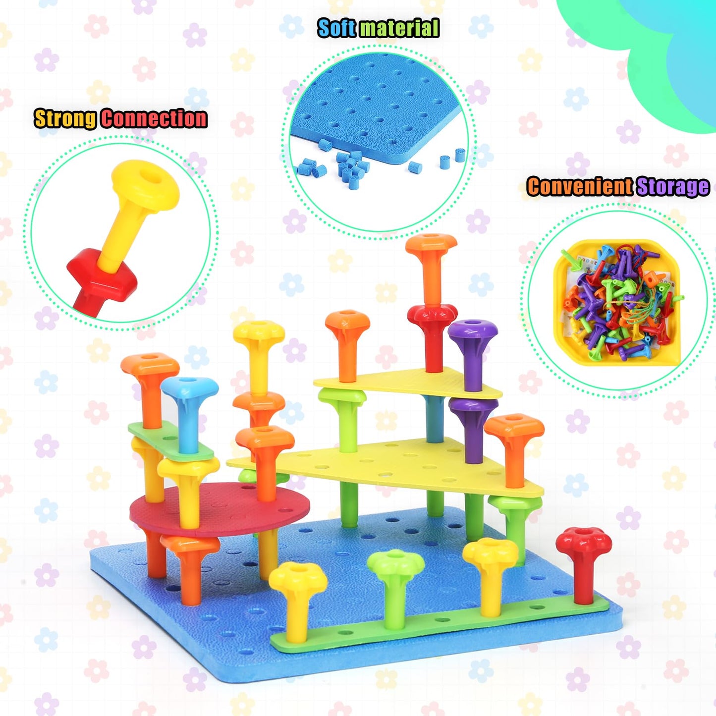 Ggiibro Peg Board Toy Set 101Pcs DIY Building Stacking Toys for Kids 3-6 Years Old,STEM Educational Kids Toy for Brain Development,Montessori Sensory Toys,Plastic Lacing String Game