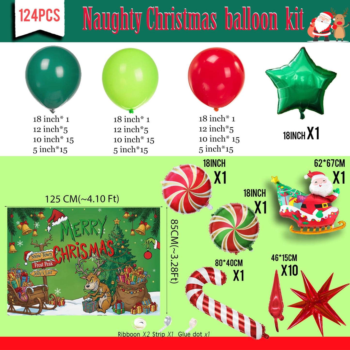 Christmas Balloon Garland Arch Kit with backdrop Xmas Red Green Balloons Candy Cane Santa Claus Star Foil Balloons for Christmas New Year Birthday Party Decorations (Red Green)