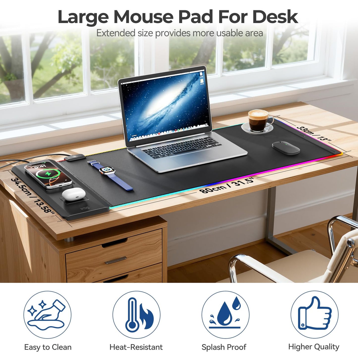 KDD RGB Mouse Pad with Wireless Charging - Desk Mat with Phone Holder and 15W Fast Charger - Gaming Mousepad with Ultra-Smooth Surface, Non-Slip Base - Keyboard Mat for Home Office Gamer Accessories