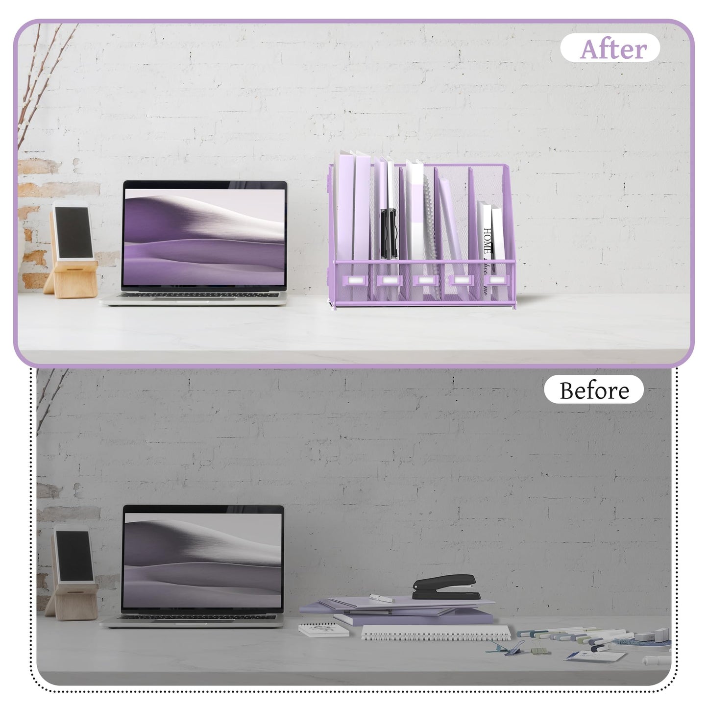 SUPEASY Desk Organizers Metal Desk Magazine File Holder with 5 Vertical Compartments Rack File Organizer for Office Desktop, Classroom, Home Workspace, Purple