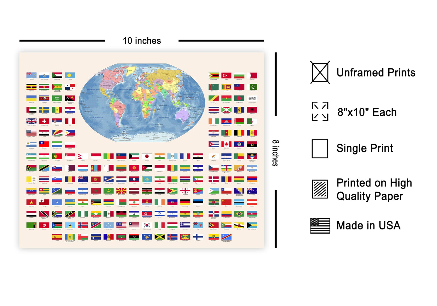Poster Master Flags of the World Poster - World Map Print - Learning Materials Art - Educational Art - Gift for Kids, Students & Teacher - Wall Decor for Classroom or Library - 8x10 UNFRAMED Wall Art