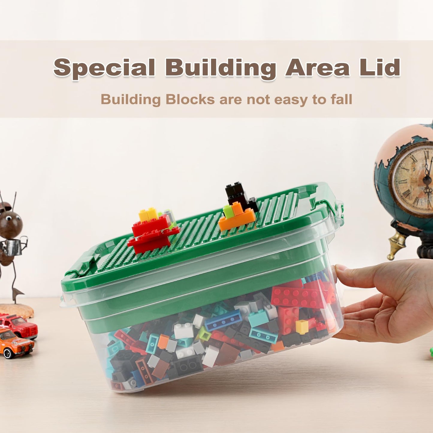 OGANAZI Toy Organizer with Bricks Baseplate Lid for Building Blocks, Bricks Building Set Organization Bin with Compartments Tray, Stackable Storage Box Building Block Chest Case (Green)