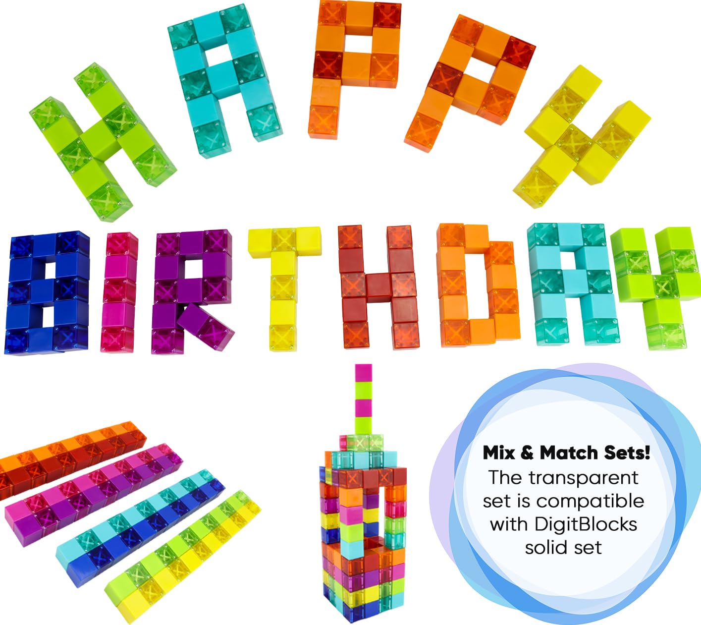BrainSpark 48PCS Translucent Mulit-Color DigitBlocks Magnetic Building Blocks, Montessori Clear Magnet Cubes for Boys Girls Stacking Block Sets Ages 3-9