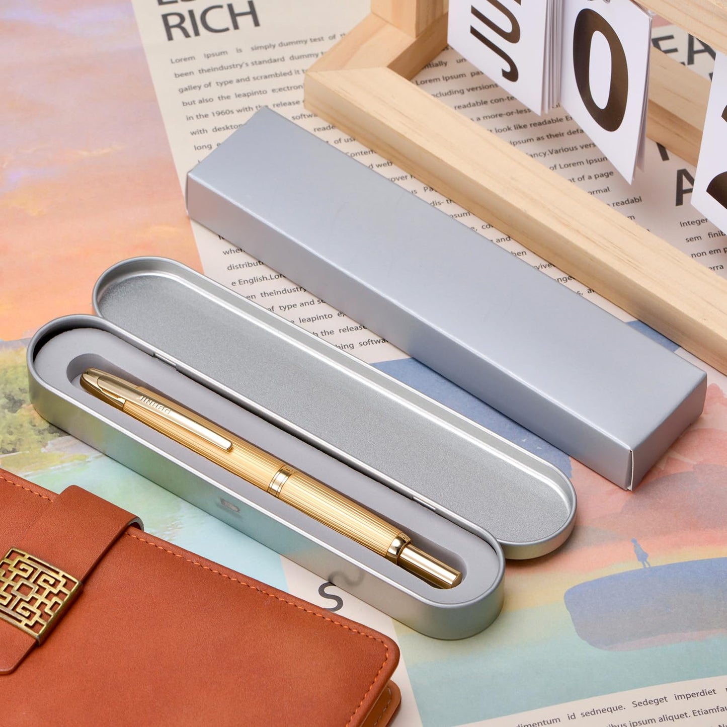Jinhao 10 Press Fountain Pen with Box, Brushed Matt Gold Retractable Extra Fine Nib with Ink Converter Set (Golden Clip)