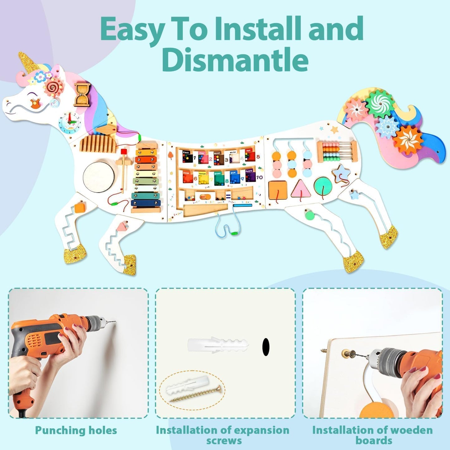 5FT Large Unicorn Activity Wall Busy Board Panels Wooden Learning Activity Center Montessori Sensory Wall Panel for Kids Interactive Educational Toy for Playroom Daycare Nursery Classroom Decor Gift