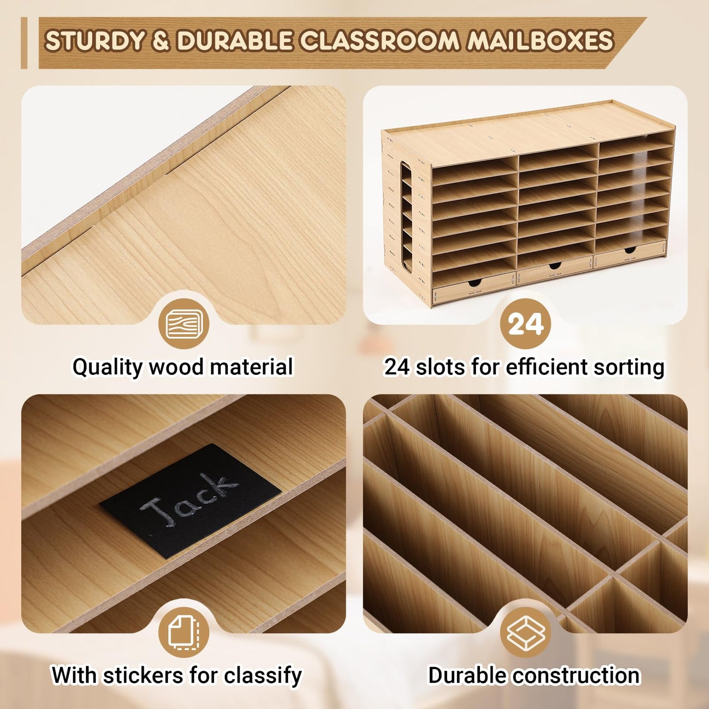 Colingmill Classroom Mailboxes Wooden Teacher Student Mailboxes for Classroom Literature Paper Organizer Compartments with Drawers, Sturdy Ease Setup for Home Office School(24 Slots)