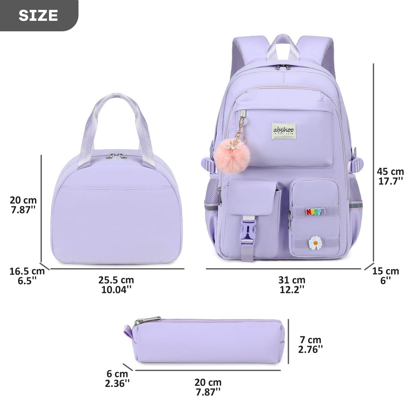abshoo School Backpack for Girls Bookbag with Lunch Bag Teen Girls School Bag Travel Daypack (Purple)