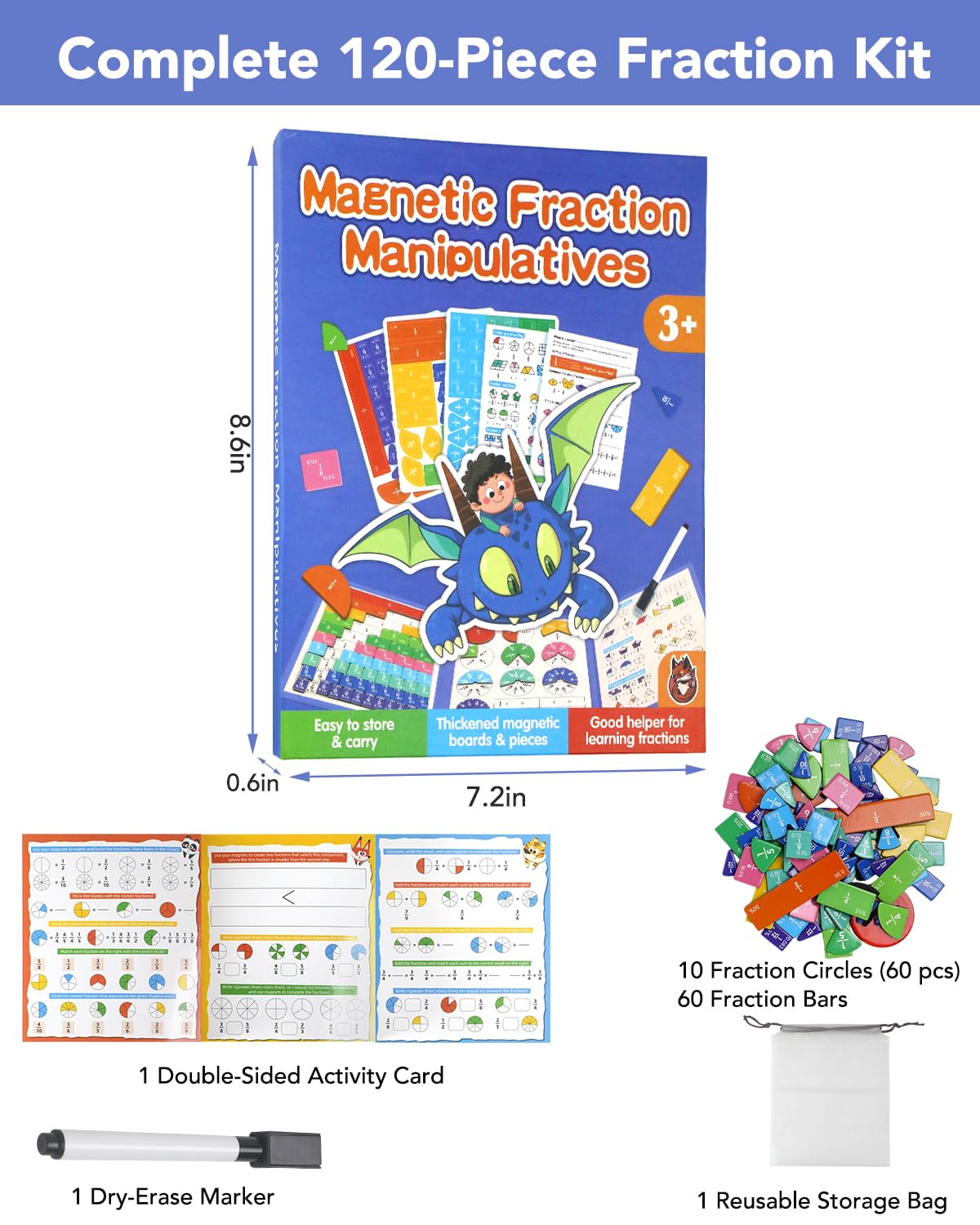 Magnetic Fraction Demonstration Book, Magnetic Fraction Tiles & Circles Educational Puzzle Set, Montessori Fraction Playbook for Kids, Math Manipulatives for Elementary School