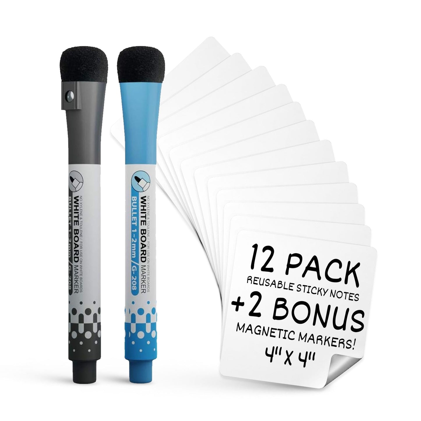 Dry Erase Reusable Sticky Notes – 12 Pack of 4 x4 Whiteboard Stickers – for Home, Office & Classroom – Great for Lists, Reminders, Labels & Decals – Includes 2 Magnetic Fine Tip Markers with Erasers