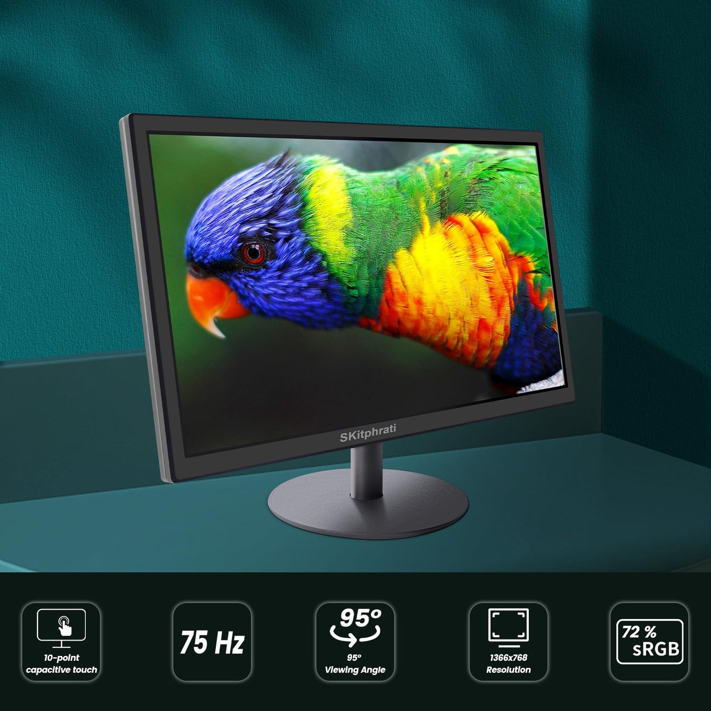 SKitphrati 18.5 Inch Touchscreen Monitor HD 1366x768, VESA Wall Mountable, 10-Points Computer Touch Screen PC Display with Type-B HDMI VGA Port, 75Hz Desktop Touch Display, Black