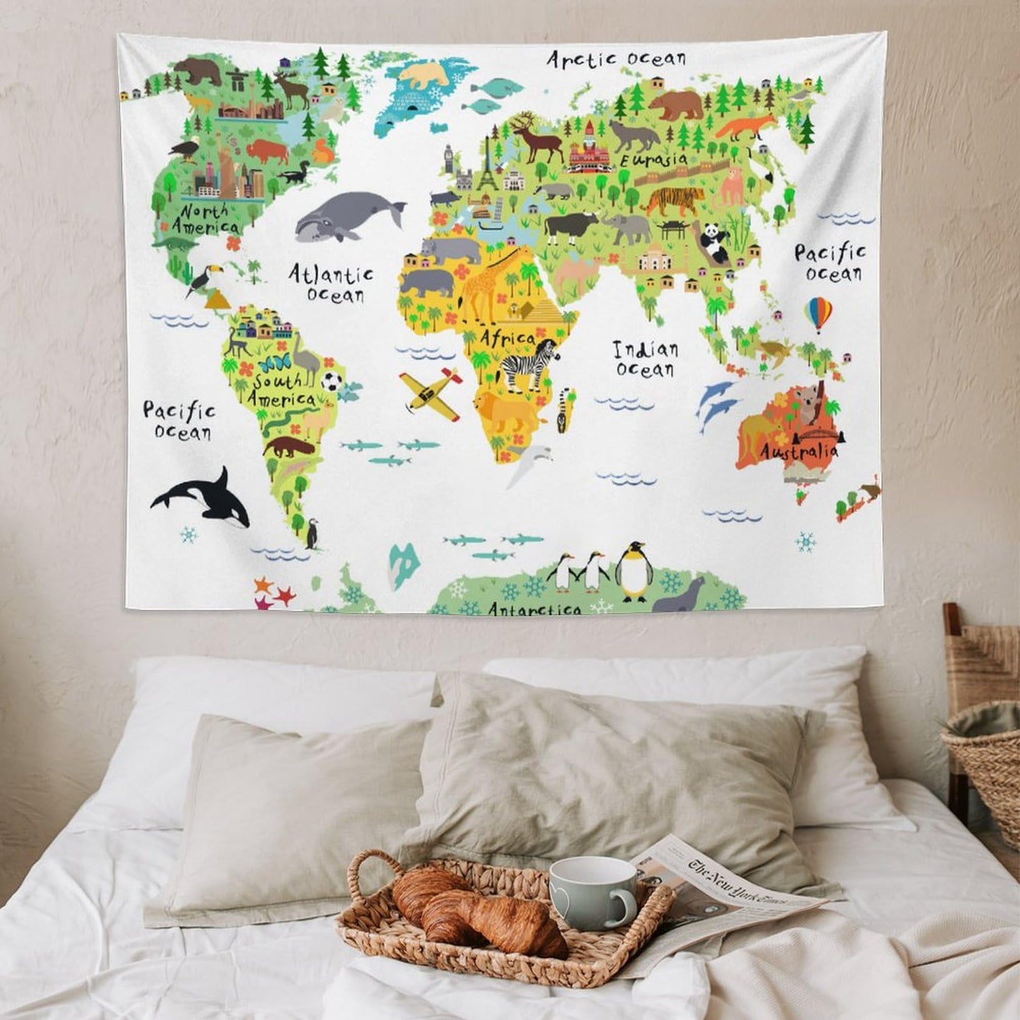 DDCBNS Kids World Map Tapestry, Cartoon Animal Map for Boys & Girls, Fun Educational Wall Hanging for Study, Classroom, Bedroom, Living Room - 80" x 60"