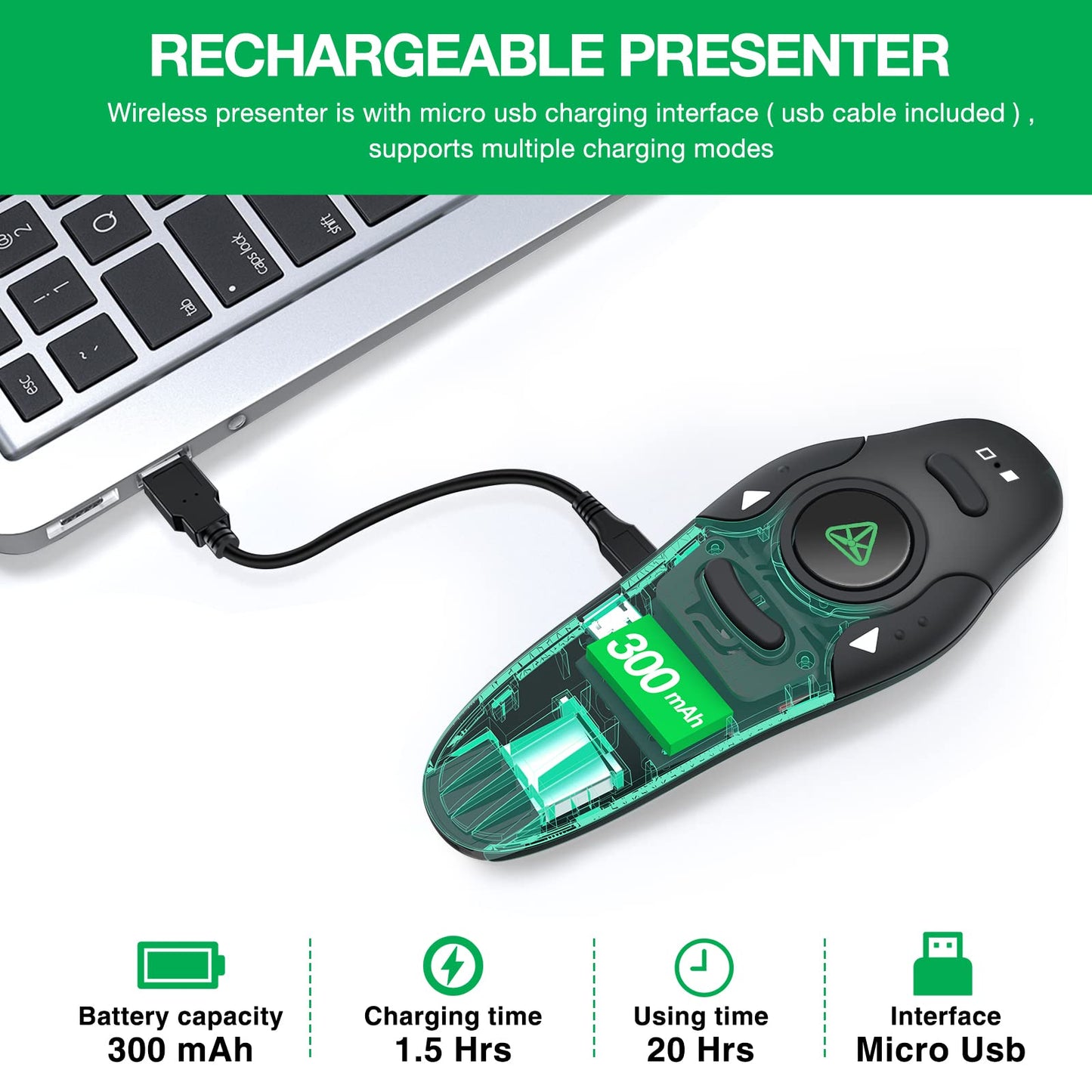 Rechargeable Presentation Clicker Wireless Presenter Remote USB Control Powerpoint PPT Clicker,RF 2.4GHz Presenter Remote Google Slide Advancer for Computer/Laptop/Mac/Keynote